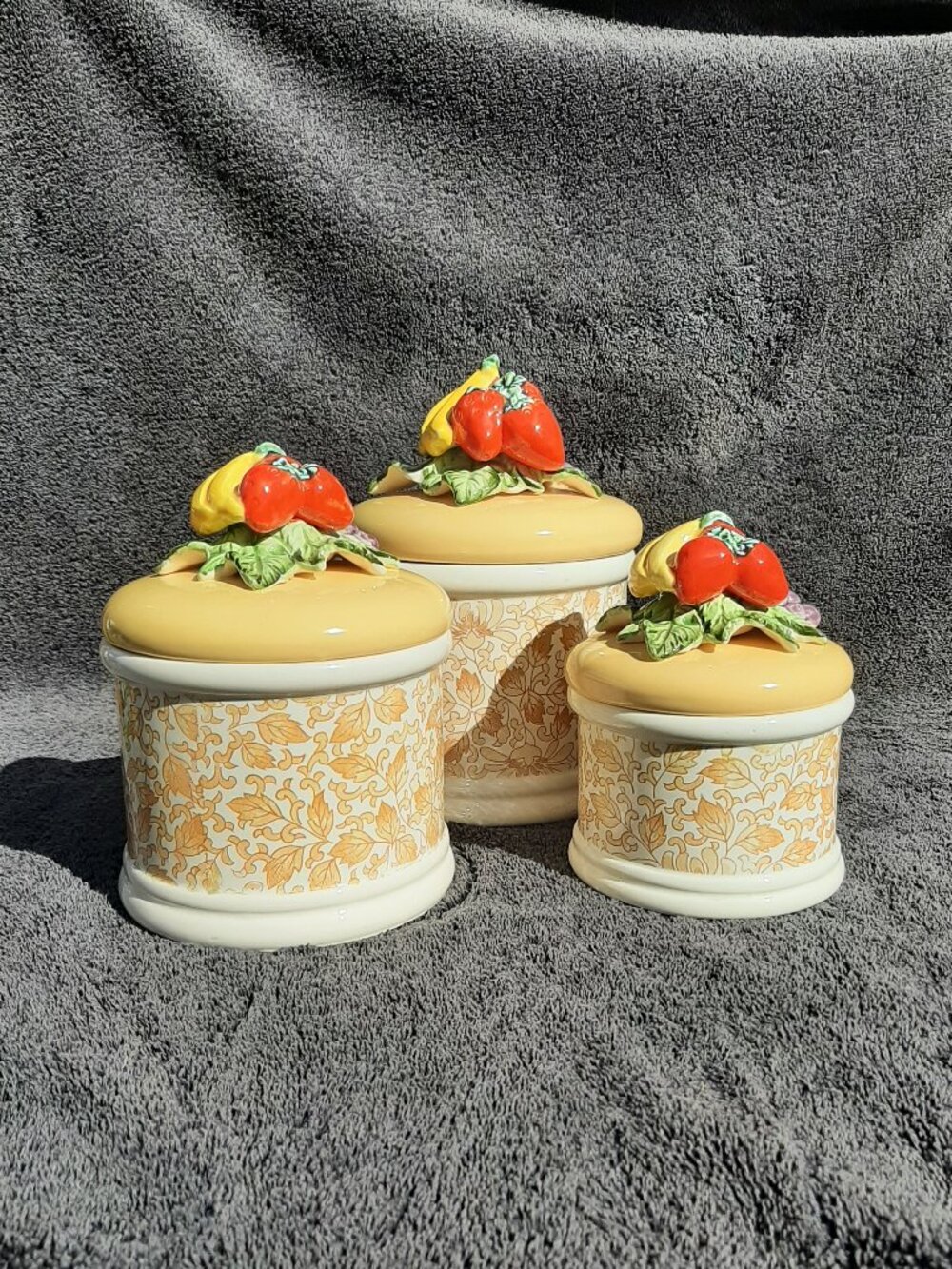 VTG Japanese Capodimonte Canister With Fruit Decorated Lids - Set Of 3